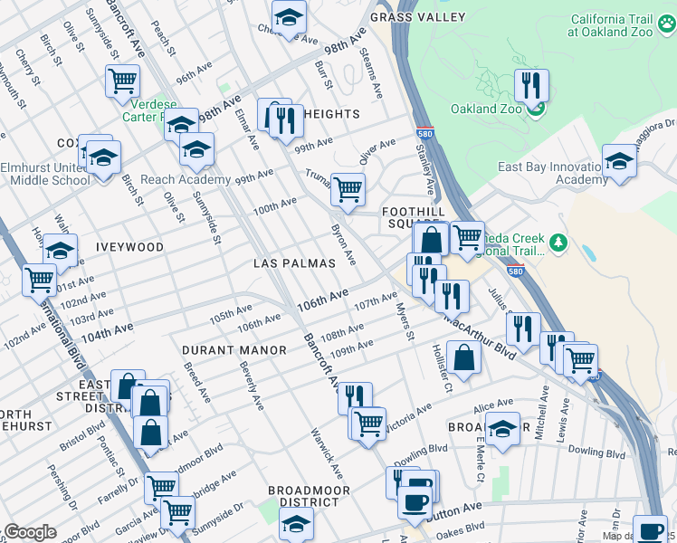 map of restaurants, bars, coffee shops, grocery stores, and more near 10504 Voltaire Avenue in Oakland