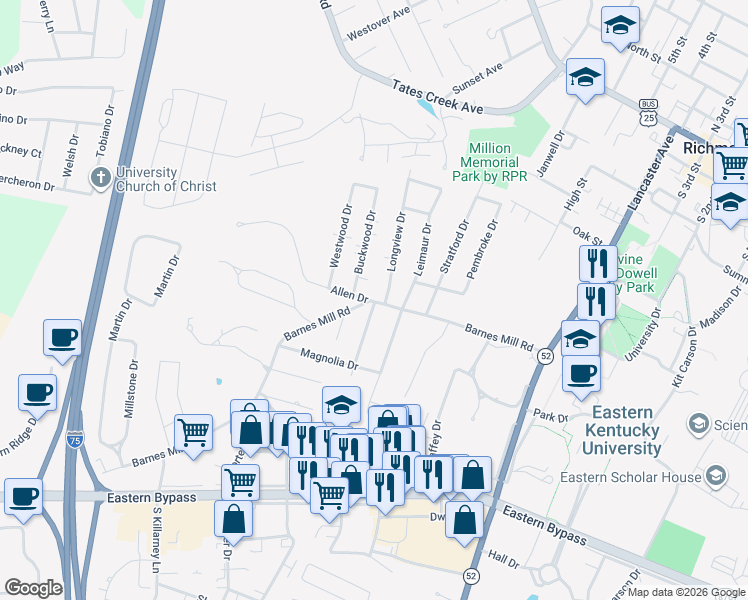 map of restaurants, bars, coffee shops, grocery stores, and more near 503 Allen Drive in Richmond
