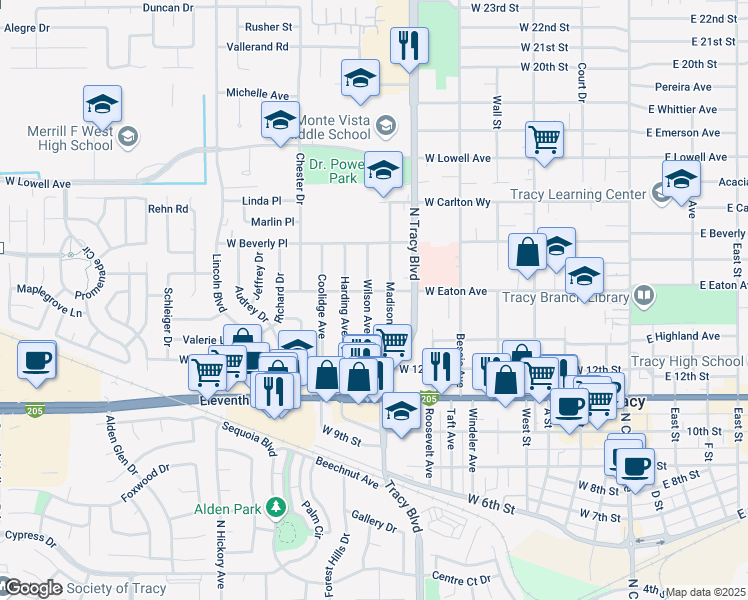 map of restaurants, bars, coffee shops, grocery stores, and more near 1350 Wilson Avenue in Tracy
