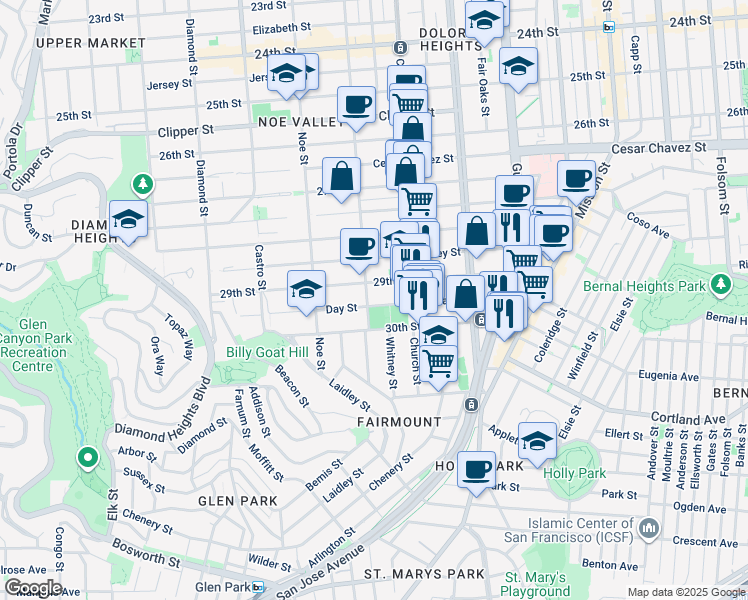 map of restaurants, bars, coffee shops, grocery stores, and more near 1639 Sanchez Street in San Francisco