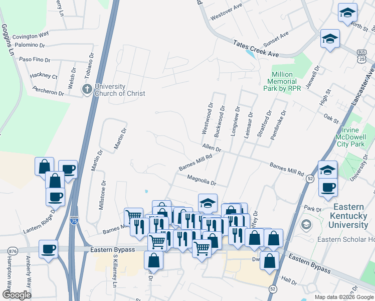 map of restaurants, bars, coffee shops, grocery stores, and more near 102 Whispering Woods Drive in Richmond