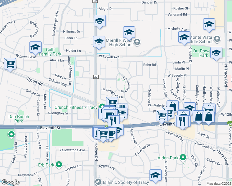 map of restaurants, bars, coffee shops, grocery stores, and more near 1865 Maplegrove Lane in Tracy