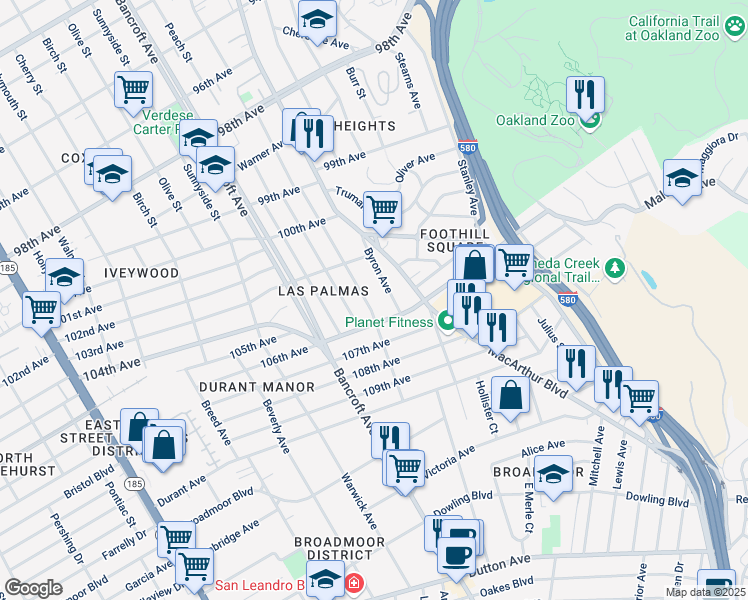map of restaurants, bars, coffee shops, grocery stores, and more near 10504 Voltaire Avenue in Oakland