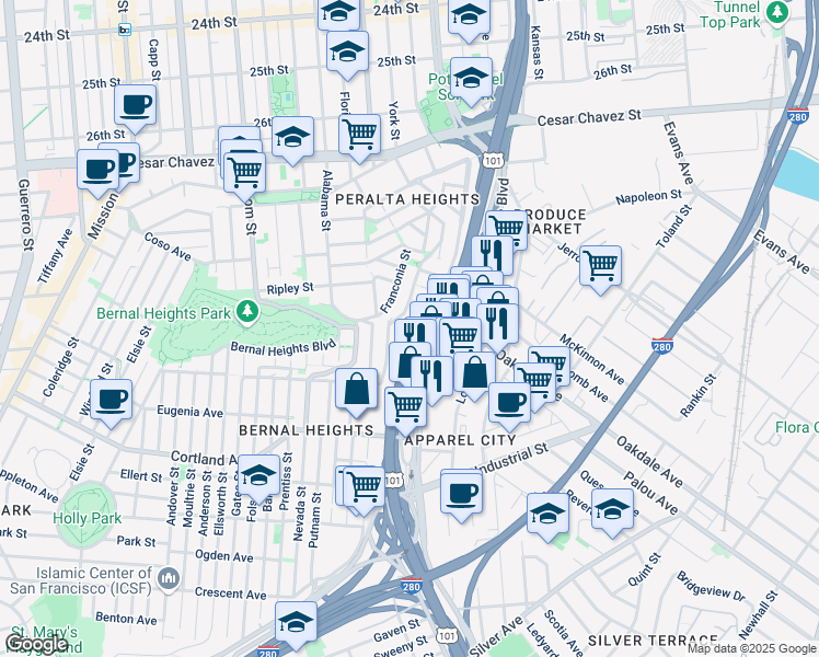 map of restaurants, bars, coffee shops, grocery stores, and more near 416 Holladay Avenue in San Francisco