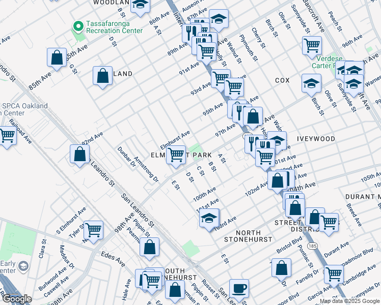 map of restaurants, bars, coffee shops, grocery stores, and more near 9700 C Street in Oakland