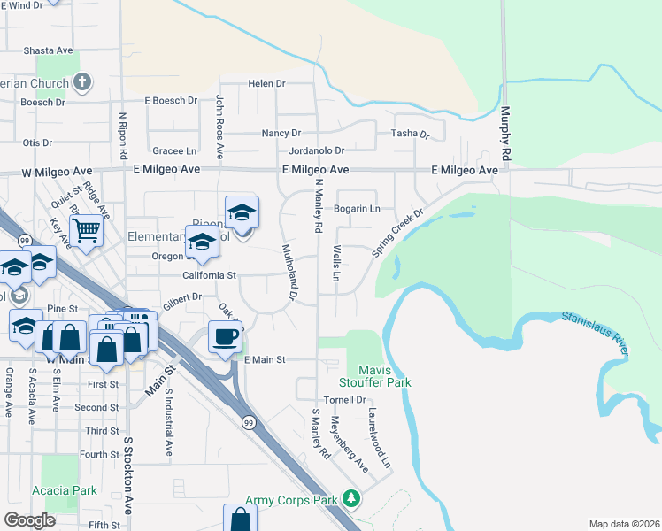 map of restaurants, bars, coffee shops, grocery stores, and more near 410 Manley Road in Ripon