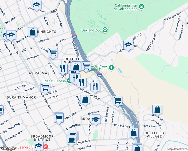 map of restaurants, bars, coffee shops, grocery stores, and more near 10801 Julius Street in Oakland