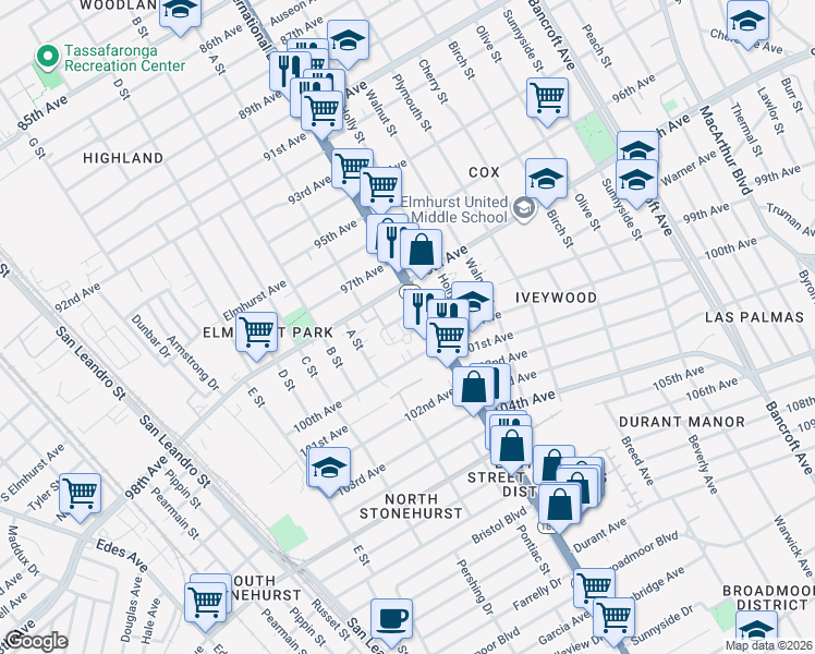 map of restaurants, bars, coffee shops, grocery stores, and more near in Oakland