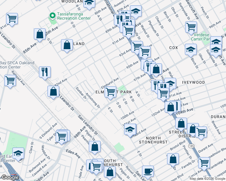 map of restaurants, bars, coffee shops, grocery stores, and more near 9642 D Street in Oakland