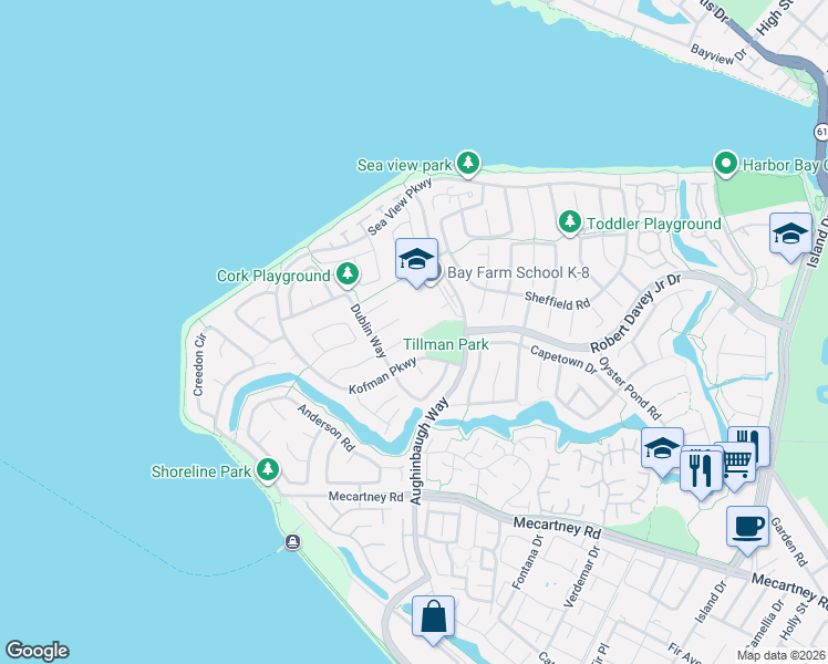 map of restaurants, bars, coffee shops, grocery stores, and more near 220 Aughinbaugh Way in Alameda