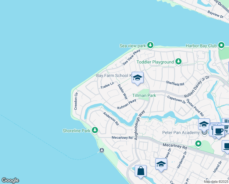 map of restaurants, bars, coffee shops, grocery stores, and more near 37 Shannon Circle in Alameda