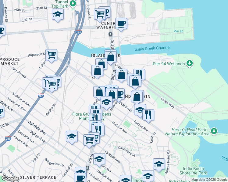 map of restaurants, bars, coffee shops, grocery stores, and more near 330 Newhall Street in San Francisco