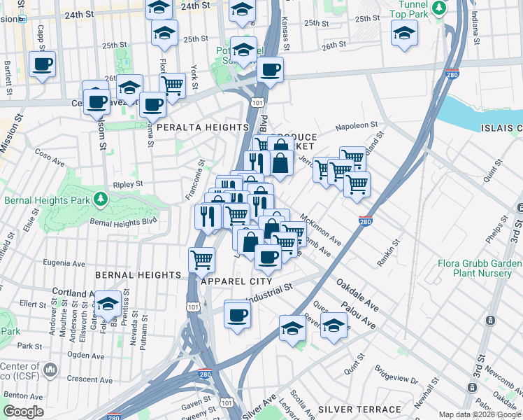 map of restaurants, bars, coffee shops, grocery stores, and more near 2820 Oakdale Avenue in San Francisco
