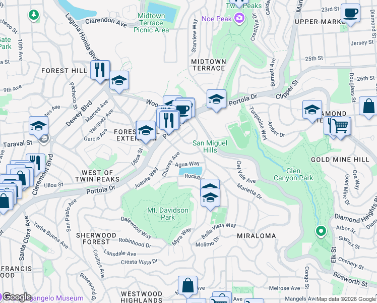 map of restaurants, bars, coffee shops, grocery stores, and more near 145 Evelyn Way in San Francisco
