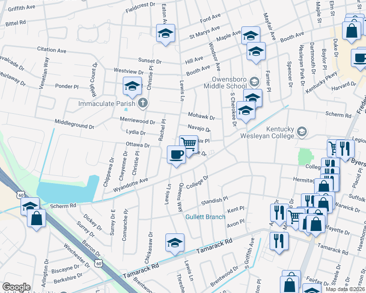 map of restaurants, bars, coffee shops, grocery stores, and more near 1741 Shawnee Drive in Owensboro