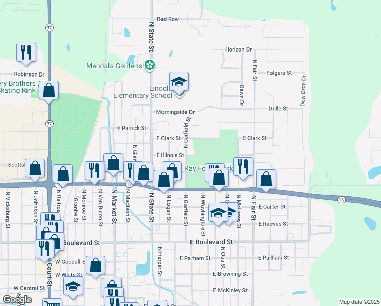 map of restaurants, bars, coffee shops, grocery stores, and more near 400-498 East Illinois Street in Marion