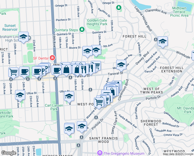 map of restaurants, bars, coffee shops, grocery stores, and more near 2412 Funston Avenue in San Francisco
