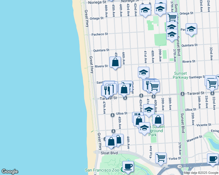 map of restaurants, bars, coffee shops, grocery stores, and more near 2331 46th Avenue in San Francisco