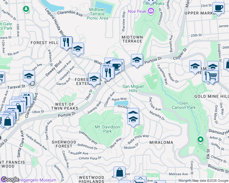 map of restaurants, bars, coffee shops, grocery stores, and more near 2 Chaves Avenue in San Francisco