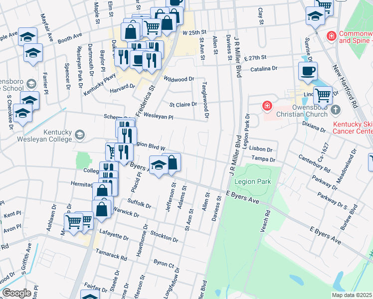 map of restaurants, bars, coffee shops, grocery stores, and more near 219 Legion Boulevard West in Owensboro