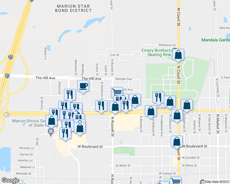 map of restaurants, bars, coffee shops, grocery stores, and more near 1409 North Russell Street in Marion