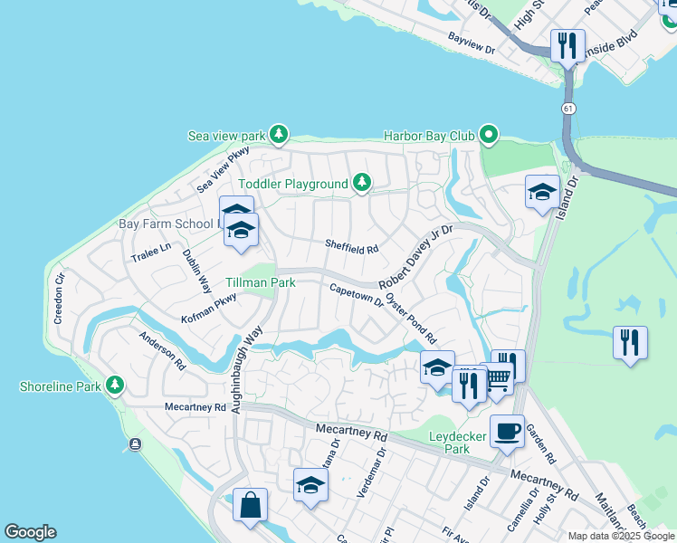 map of restaurants, bars, coffee shops, grocery stores, and more near 245 Inverness Court in Alameda