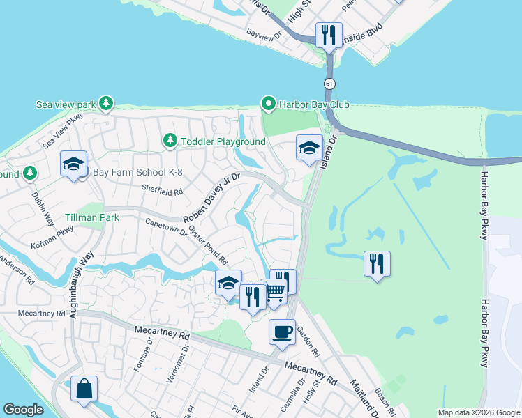 map of restaurants, bars, coffee shops, grocery stores, and more near 30 Sea Bridge in Alameda