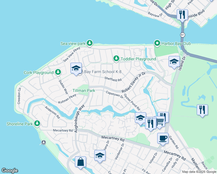 map of restaurants, bars, coffee shops, grocery stores, and more near 245 Inverness Court in Alameda