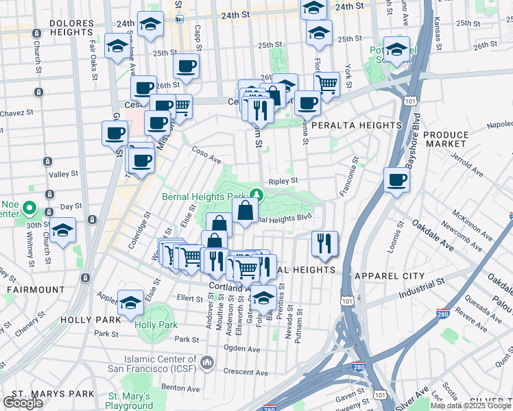 map of restaurants, bars, coffee shops, grocery stores, and more near Bernal Heights Boulevard in San Francisco