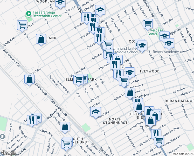 map of restaurants, bars, coffee shops, grocery stores, and more near 1213 98th Avenue in Oakland