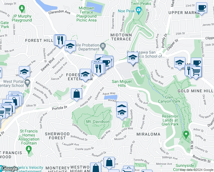 map of restaurants, bars, coffee shops, grocery stores, and more near 145 Evelyn Way in San Francisco