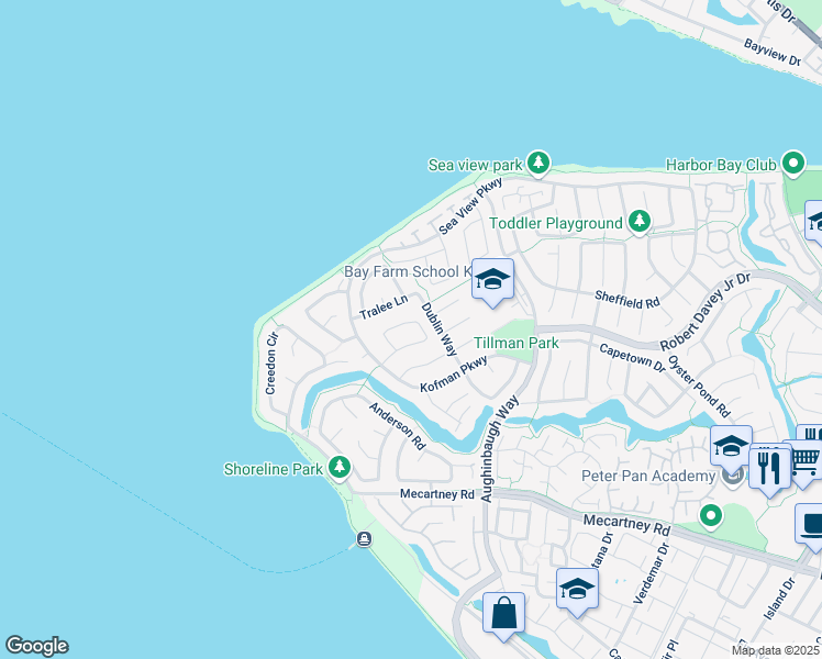 map of restaurants, bars, coffee shops, grocery stores, and more near 37 Shannon Circle in Alameda