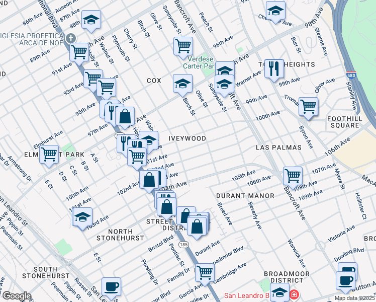 map of restaurants, bars, coffee shops, grocery stores, and more near 1728 101st Avenue in Oakland