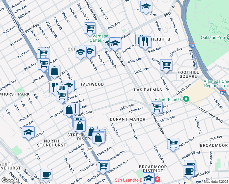 map of restaurants, bars, coffee shops, grocery stores, and more near 1948 102nd Avenue in Oakland