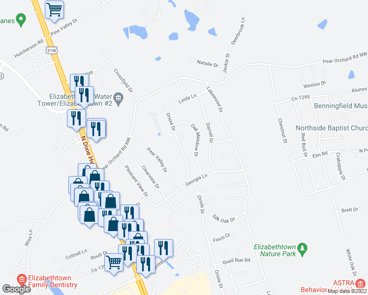 map of restaurants, bars, coffee shops, grocery stores, and more near 2017 Oriole Drive in Elizabethtown