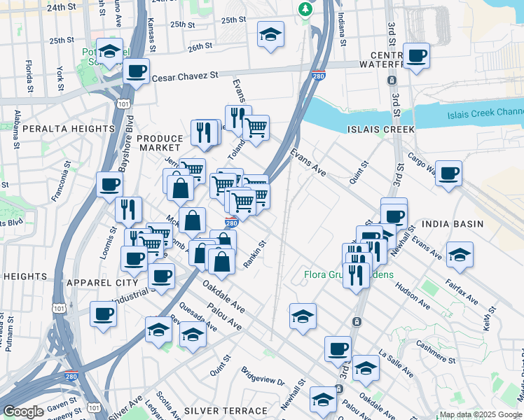 map of restaurants, bars, coffee shops, grocery stores, and more near 56 Innes Avenue in San Francisco