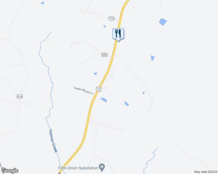 map of restaurants, bars, coffee shops, grocery stores, and more near 2430 James Madison Highway in Bremo Bluff