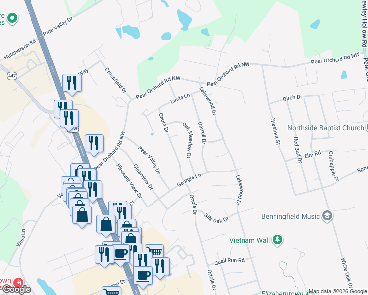 map of restaurants, bars, coffee shops, grocery stores, and more near 2012 Oak Meadow Drive in Elizabethtown