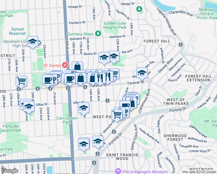 map of restaurants, bars, coffee shops, grocery stores, and more near 401 Taraval Street in San Francisco