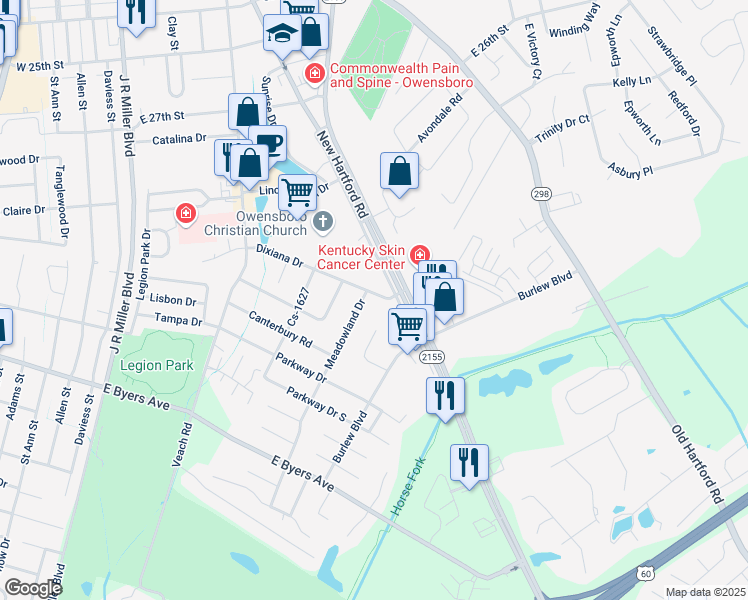 map of restaurants, bars, coffee shops, grocery stores, and more near 930 Dixiana Drive in Owensboro