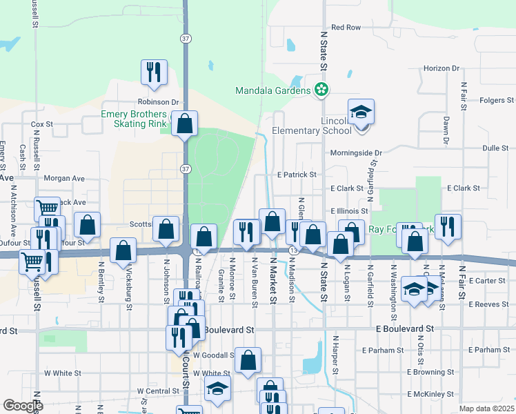map of restaurants, bars, coffee shops, grocery stores, and more near 3057-4099 North Market Street in Marion