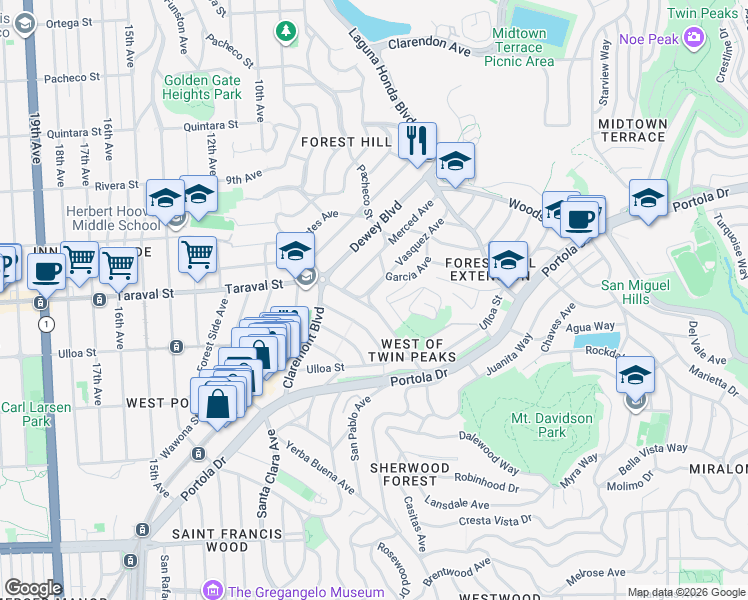 map of restaurants, bars, coffee shops, grocery stores, and more near 166 Kensington Way in San Francisco
