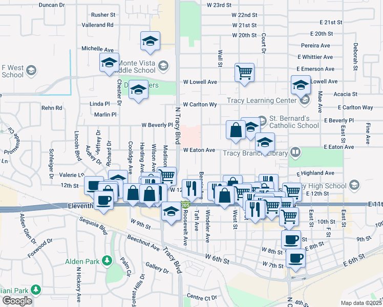 map of restaurants, bars, coffee shops, grocery stores, and more near 530 West Eaton Avenue in Tracy