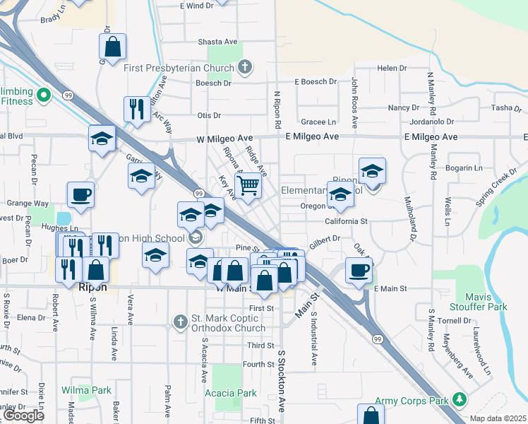 map of restaurants, bars, coffee shops, grocery stores, and more near 447 Ripona Avenue in Ripon