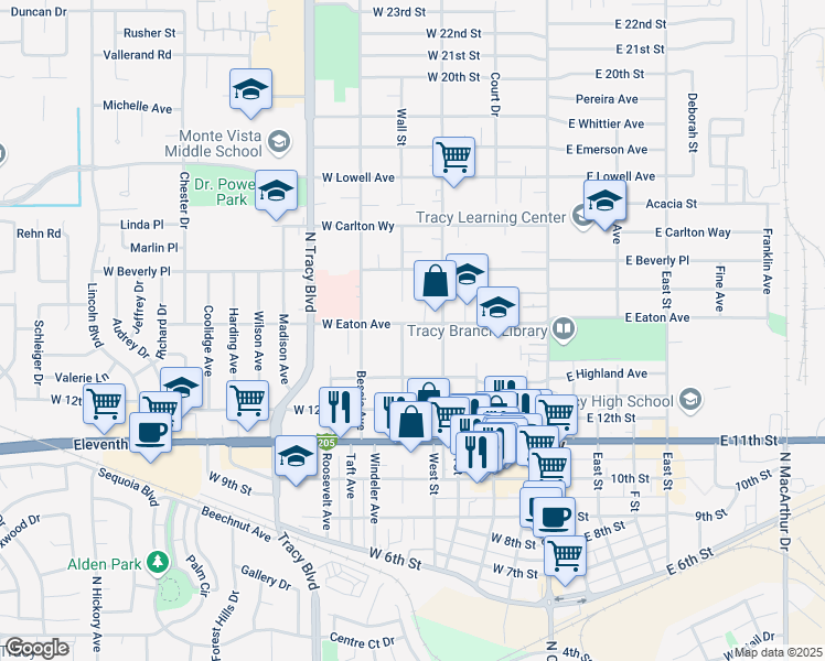 map of restaurants, bars, coffee shops, grocery stores, and more near 354 West Eaton Avenue in Tracy