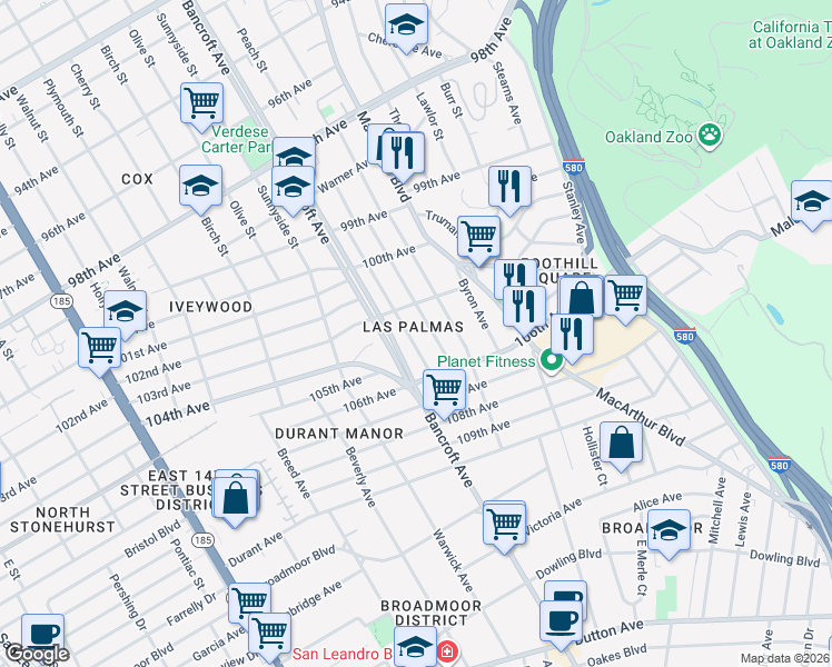 map of restaurants, bars, coffee shops, grocery stores, and more near 10407 Dante Avenue in Oakland