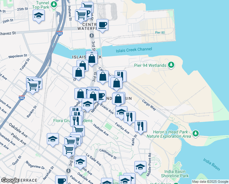 map of restaurants, bars, coffee shops, grocery stores, and more near 240 Newhall Street in San Francisco