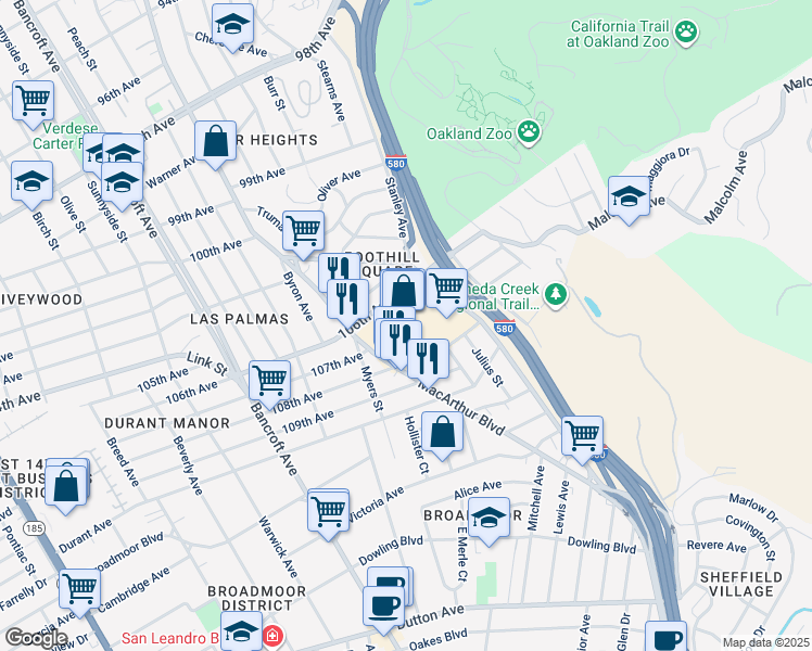 map of restaurants, bars, coffee shops, grocery stores, and more near MacArthur Boulevard in Oakland