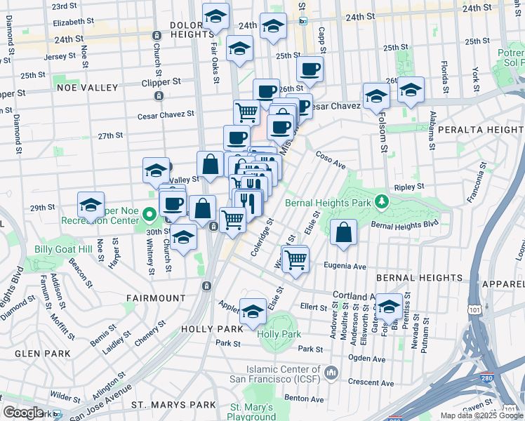 map of restaurants, bars, coffee shops, grocery stores, and more near 25 Virginia Avenue in San Francisco