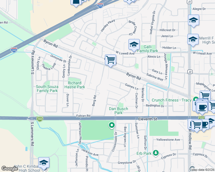 map of restaurants, bars, coffee shops, grocery stores, and more near 2696 Spencer Court in Tracy